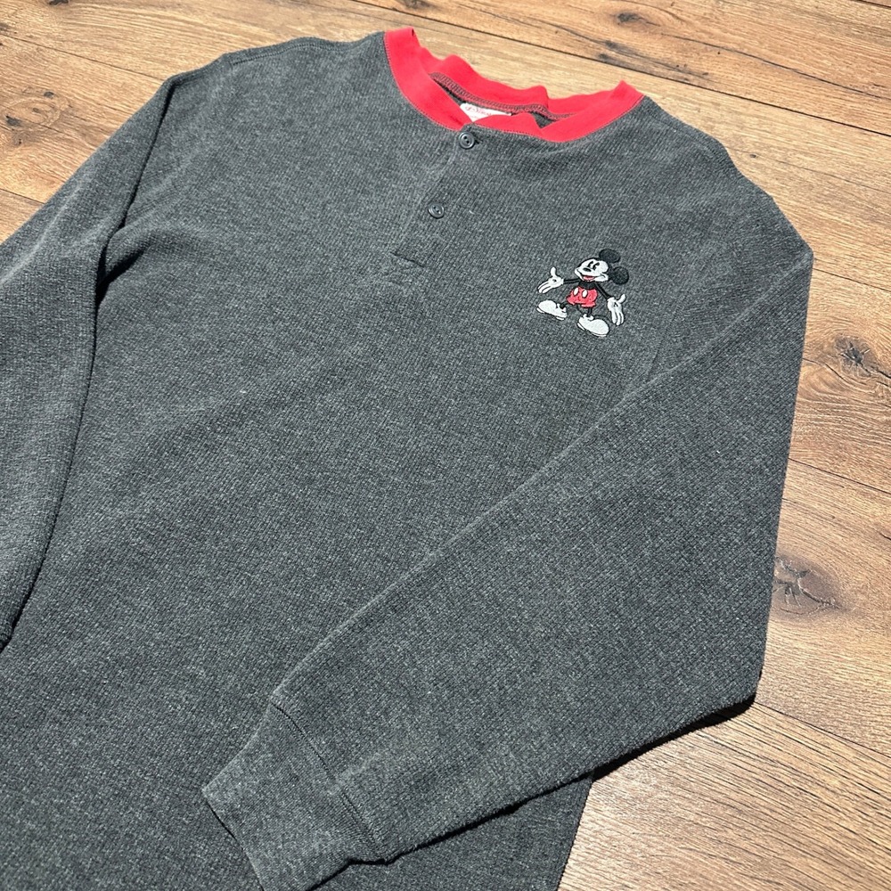 Vintage Disney Mickey Mouse Charcoal Thermal Henley Long Sleeve Shirt Mens Small